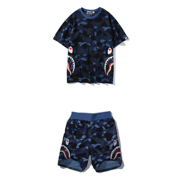 BAPE CAMO SIDE SHARK T SHIRT SHORTS SET BLUE